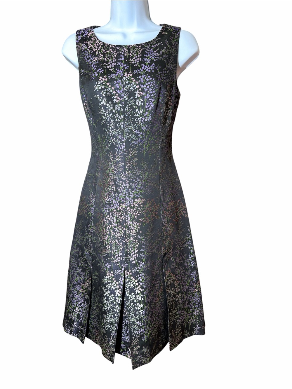 Michael Kors Collection - Black Floral Midi. A-Line Dress Lavender Accent